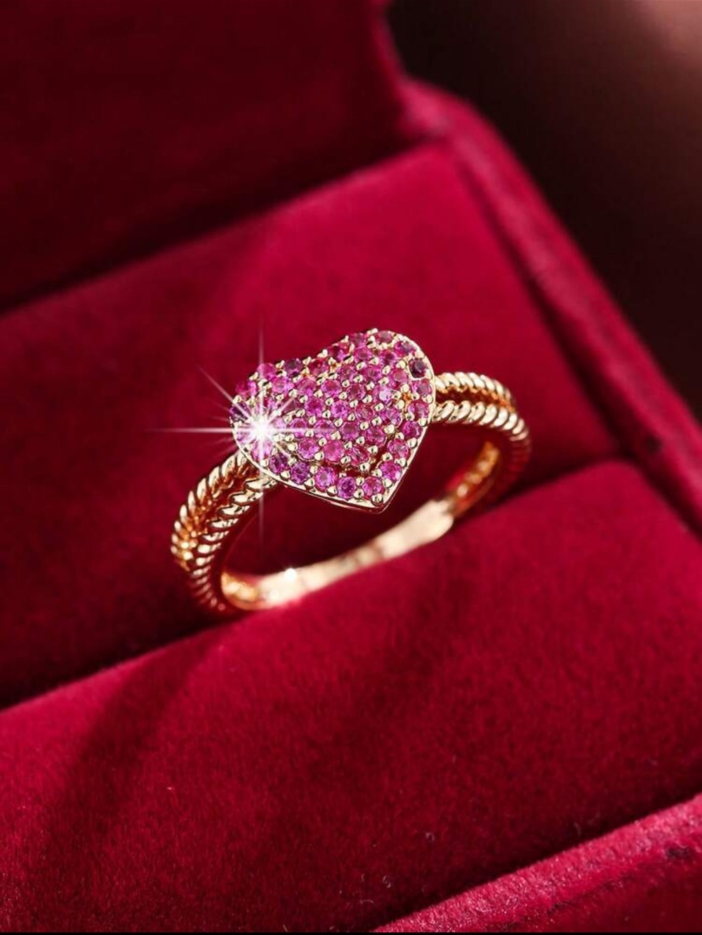 Gold Heart Ring with Pink Pave Stones - Women's Ring
